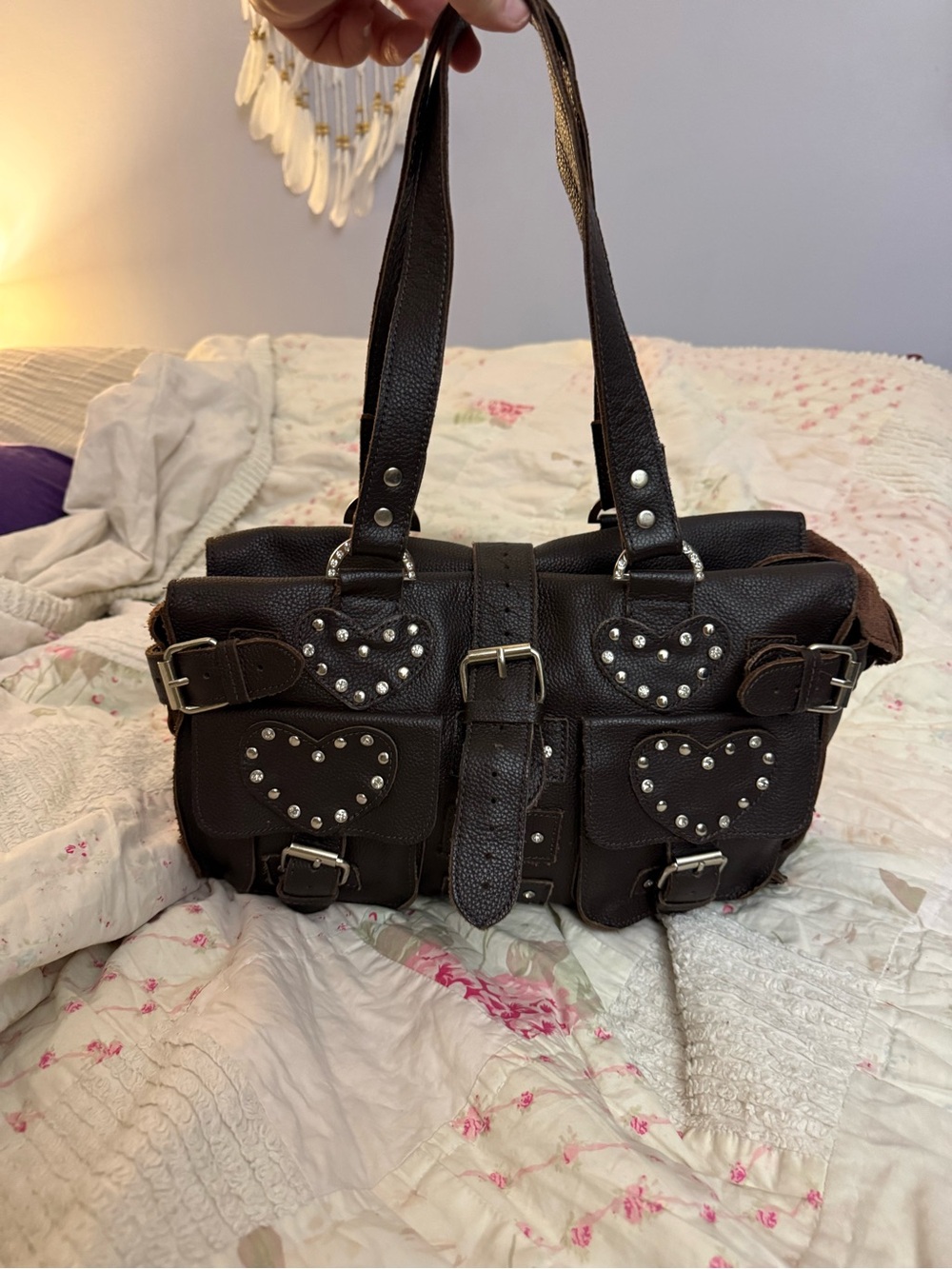 Hand Crafted Dark Brown Genuine Leather Biker Satchel Bag with Stud Heart Pocket